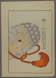 Japanse speelgoed, uit Unai no tomo (Vrienden van een kind) door Shimizu Seifu, 1891-1923. Achthoekige container (mogelijk een trommel).